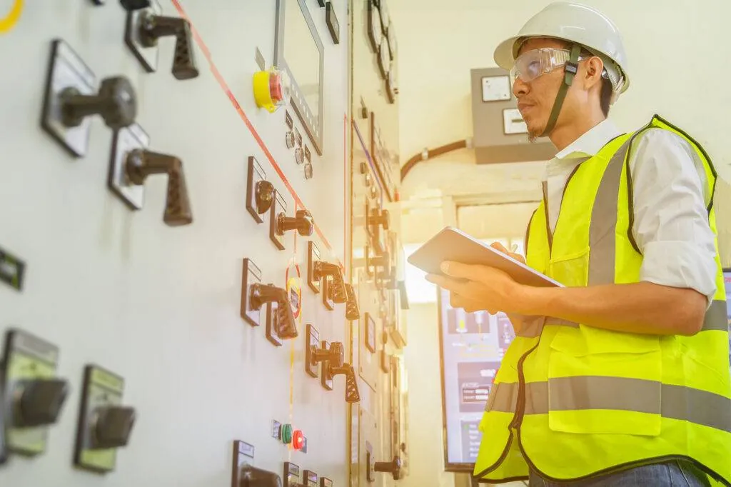 Engineer in a hard hat, safety glasses and hi-vis vest checking an electrical switchgear panel with a tablet