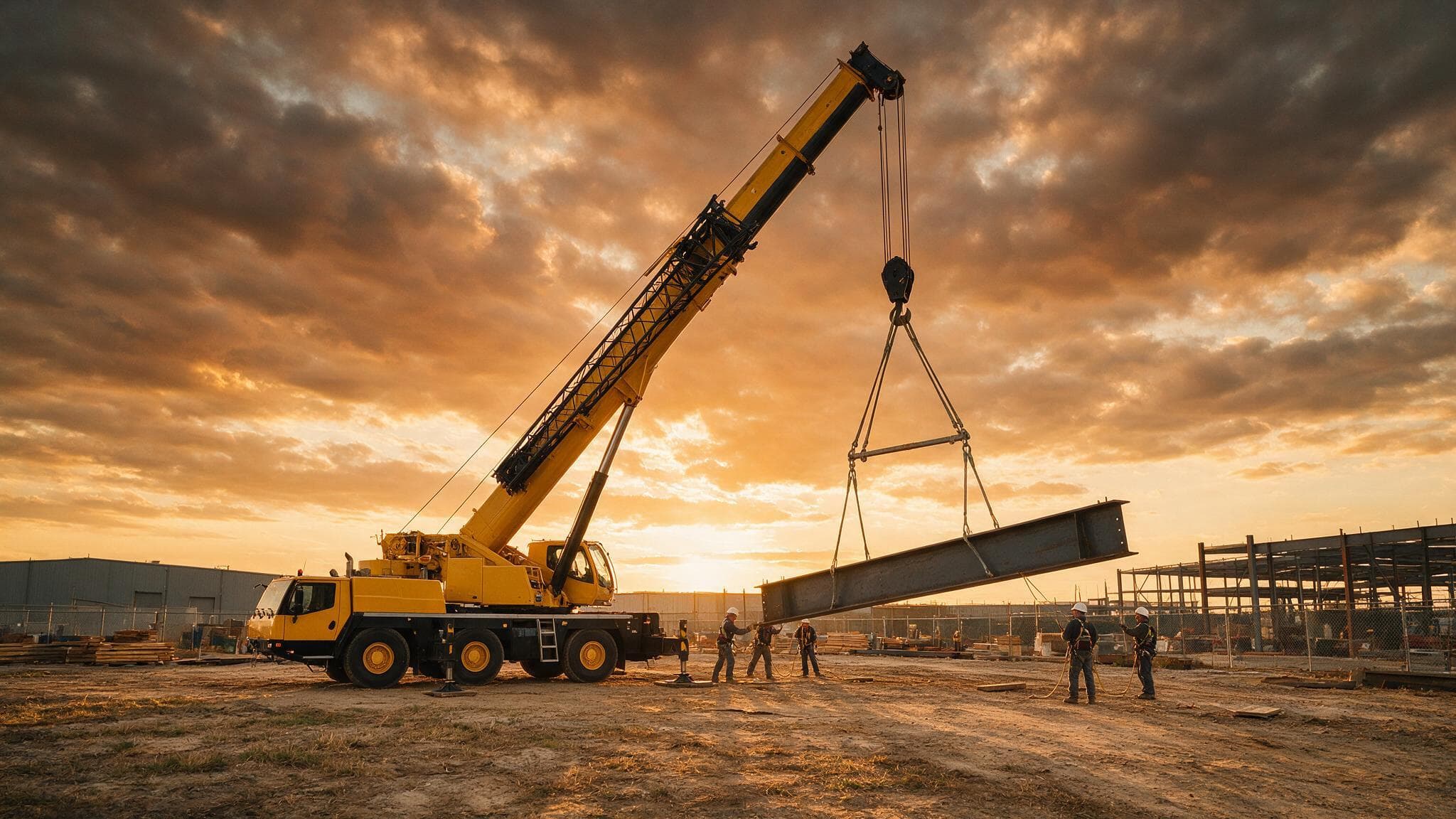 Mobile crane lifting a steel beam at sunset on a construction site